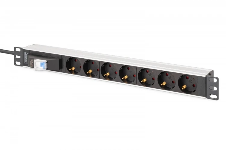Digitus Listwa zasilająca PDU Rack 19" z wyłącznikiem nadprądowym Typ C 16A, 7 gniazd Schuko CEE 7/3 (45°), kabel 1,8m wtyk Unischuko CEE 7/7, 16A, al