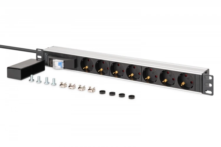 Digitus Listwa zasilająca PDU Rack 19" z wyłącznikiem nadprądowym Typ C 16A, 7 gniazd Schuko CEE 7/3 (45°), kabel 1,8m wtyk Unischuko CEE 7/7, 16A, al