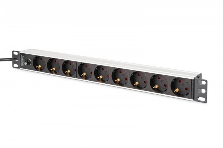 Digitus Listwa zasilająca PDU Rack 19" z bezpiecznikiem przeciążeniowym, 9 gniazd Schuko CEE 7/3 (45°), kabel 2m wtyk IEC C14, 10A, aluminiowa