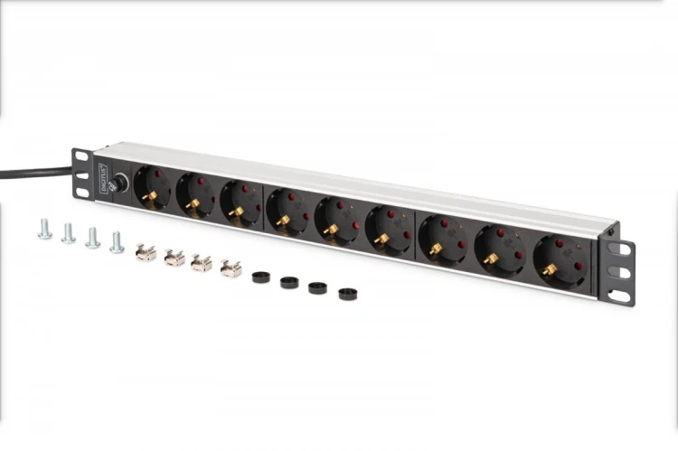 Digitus Listwa zasilająca PDU Rack 19" z bezpiecznikiem przeciążeniowym, 9 gniazd Schuko CEE 7/3 (45°), kabel 2m wtyk IEC C14, 10A, aluminiowa