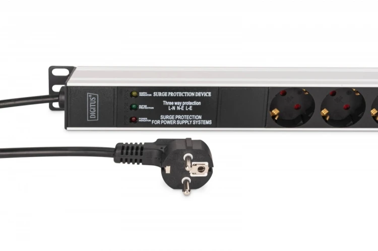Digitus Listwa zasilająca PDU Rack (620mm) z zabezpieczeniem przeciwprzepięciowym + filtr EMI/RFI, 9 gniazd Schuko CEE 7/3 (45°), kabel 2m wtyk Unisch