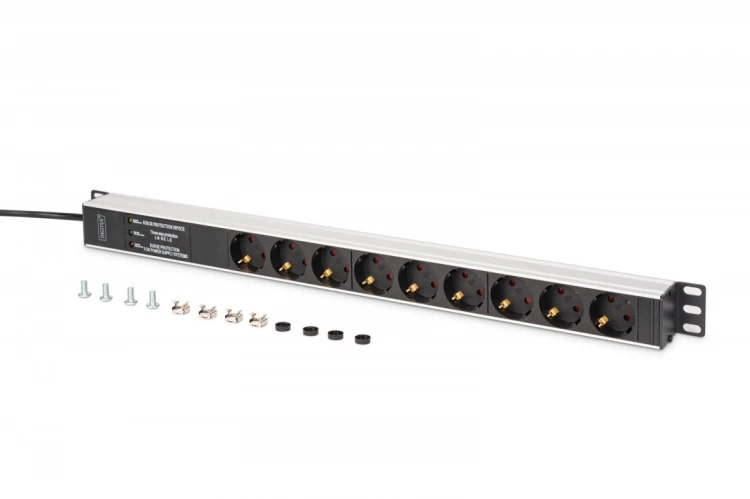 Digitus Listwa zasilająca PDU Rack (620mm) z zabezpieczeniem przeciwprzepięciowym + filtr EMI/RFI, 9 gniazd Schuko CEE 7/3 (45°), kabel 2m wtyk Unisch