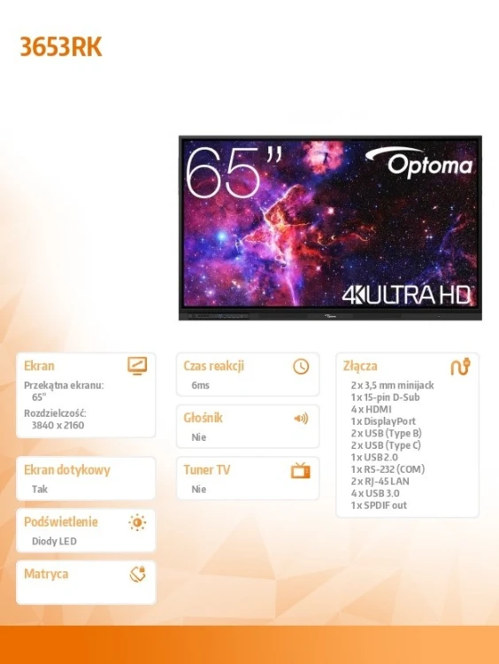 Optoma Monitor interaktywny 65 cali IFPD 3653RK H1F0H06BW101