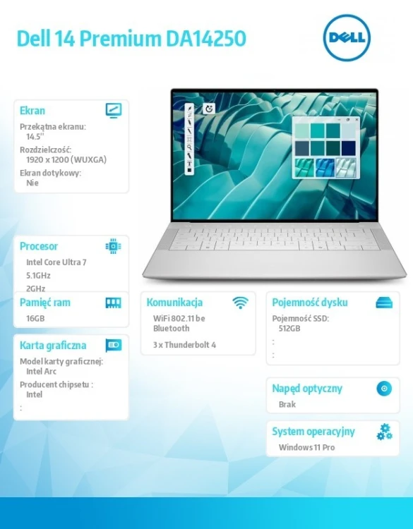 Dell Laptop Dell 14 Premium DA14250 Win11Pro U7-255H|16GB|512GB SSD|Intel Arc |WLAN + BT|14.5" FHD|Backlit Kb|6 Cell|60W