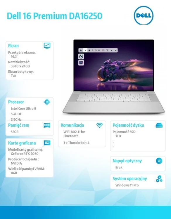 Dell Laptop Dell 16 Premium DA16250 Win11Pro|U9-285H|32GB|1TB SSD|NVIDIA GeForce RTX 5060, 8GB GDDR7 |WLAN + BT|16.3 OLED Touch|Backlit Kb|6 Cell