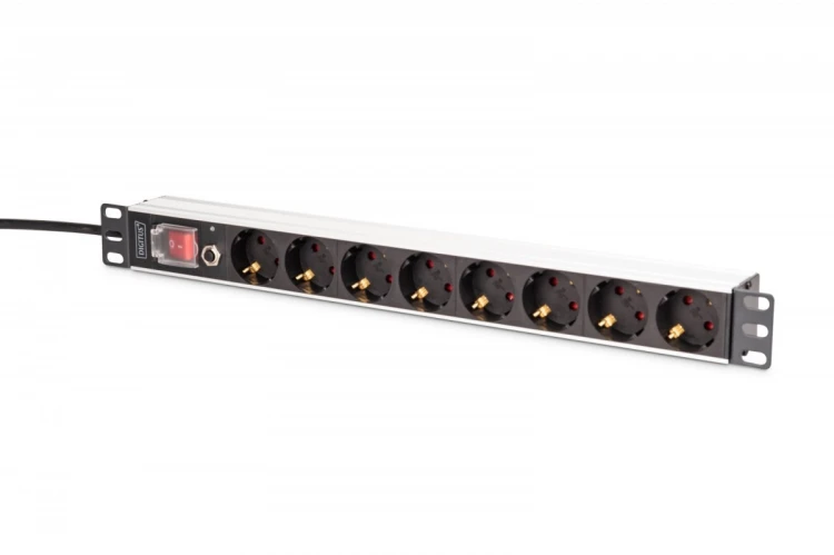 Digitus Listwa zasilająca PDU Rack 19" z zabezpieczeniem przeciążeniowym, 8 gniazd Schuko CEE 7/3 (45°), kabel 2m wtyk Unischuko, 16A, aluminiowa