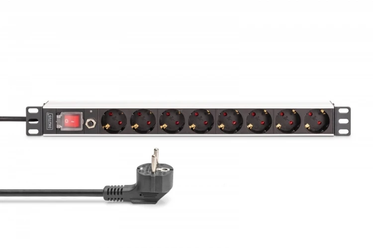 Digitus Listwa zasilająca PDU Rack 19" z zabezpieczeniem przeciążeniowym, 8 gniazd Schuko CEE 7/3 (45°), kabel 2m wtyk Unischuko, 16A, aluminiowa