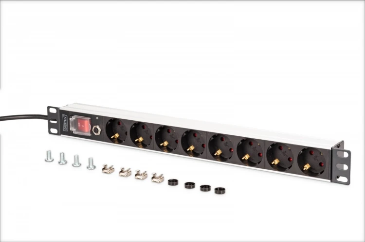 Digitus Listwa zasilająca PDU Rack 19" z zabezpieczeniem przeciążeniowym, 8 gniazd Schuko CEE 7/3 (45°), kabel 2m wtyk Unischuko, 16A, aluminiowa