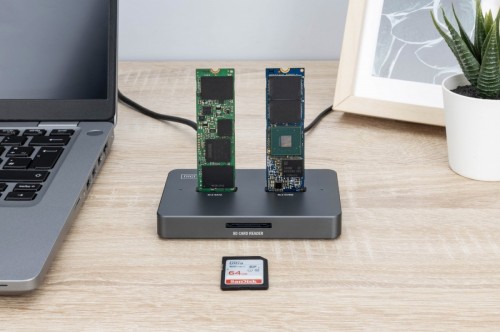 Digitus Stacja dokująca USB-C 3.2 Gen2 dla dysków SSD M.2 Duo NVMe oraz SATA (max. 2x 4 TB) z czytnikiem kart SD-Express 7.1 (max. 2 TB), czarna