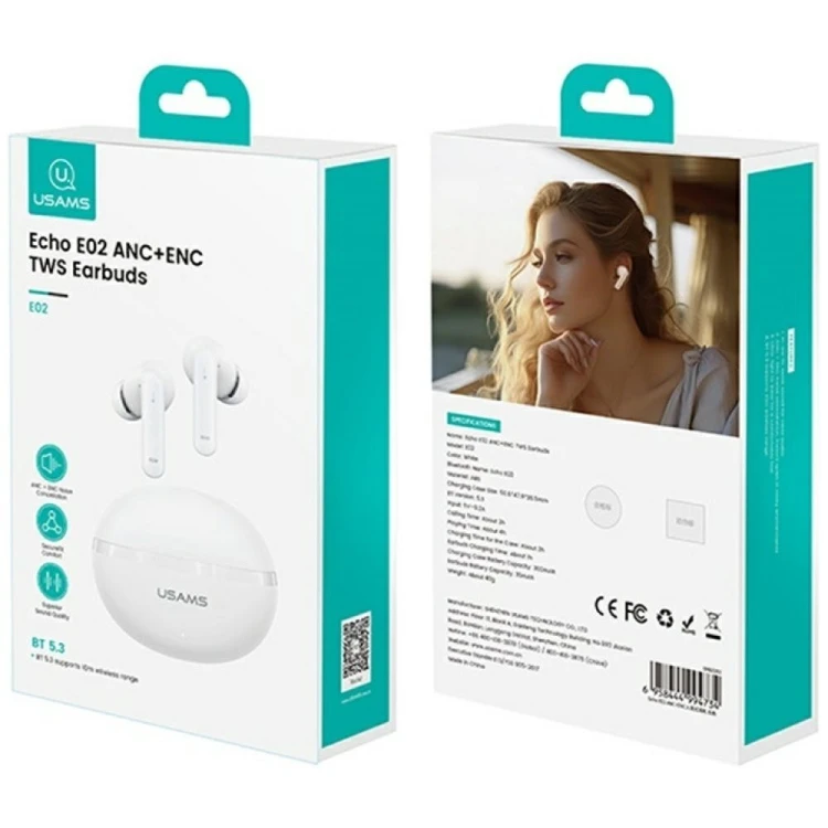USAMS Słuchawki bluetooth TWS E02 ANC+ENC white