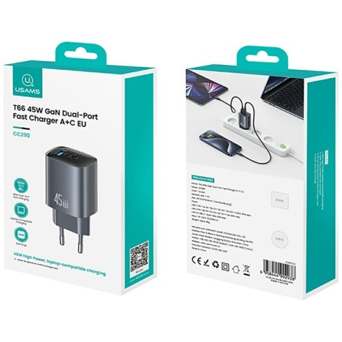 USAMS Ładowarka sieciowa T66 45W GaN CC290 USB-A + USB-C Fast charge