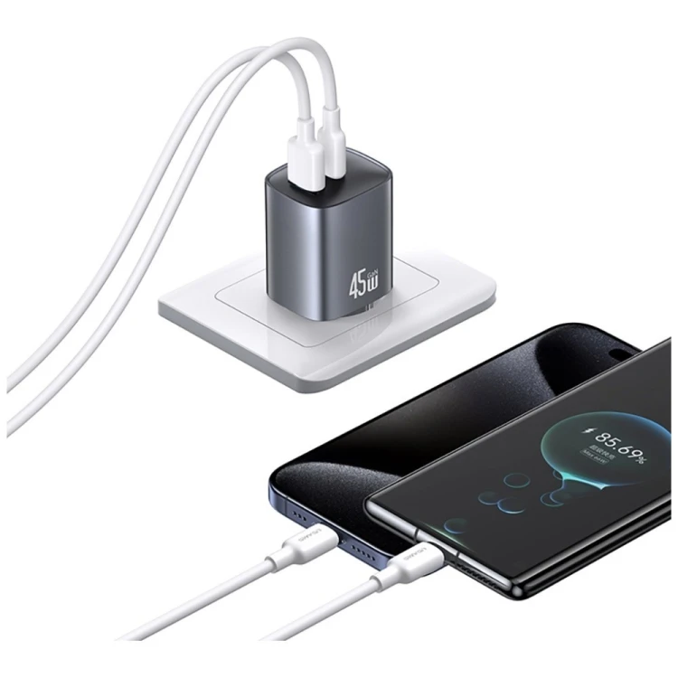 USAMS Ładowarka sieciowa T66 45W CC290 GaN Fast charge 1xUSB-A 1xUSB-C srebrny