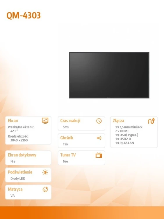 AG NEOVO Monitor wielkoformatowy 43 cale QM-4303 4K VA UHD 24/7 500NIT