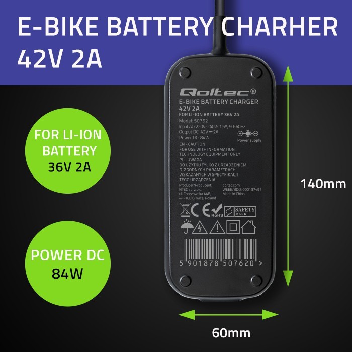 Qoltec Ładowarka Pro do roweru Bosch 36V | 42V | 2A | Bosch plug |      wodoodporna + kabel zasilajšcy