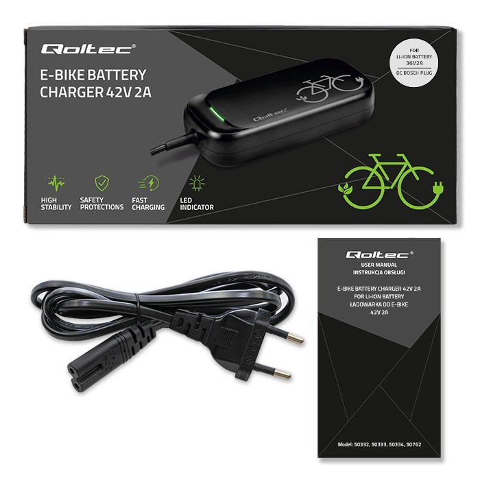Qoltec Ładowarka Pro do roweru Bosch 36V | 42V | 2A | Bosch plug |      wodoodporna + kabel zasilajšcy