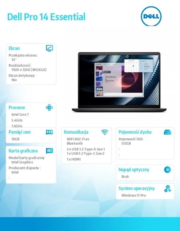 Dell Laptop Dell Pro 14 Essential PV14250 W11P C7-150U|16GB|512GB|Intel Graph|FgrPr|WLAN+BT|14.0 FHD+|BcklKb|4C|65W|3YPS Carbon Black (Plastic)