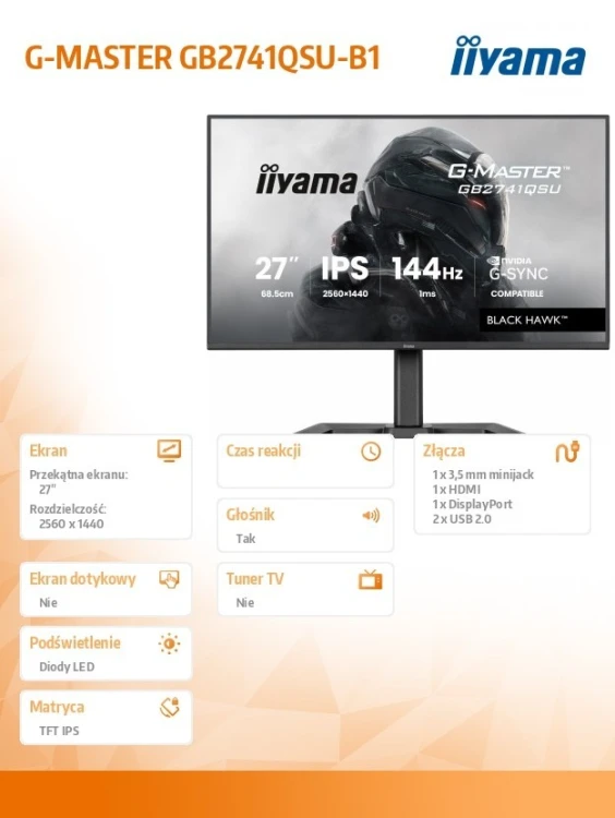 IIYAMA Monitor 27 cali GB2741QSU-B1 IPS,QHD,144Hz,1ms,2xUSB,                Adaptive G-SYNC,HDMI,DP,350cd, HAS (150) PIVOT