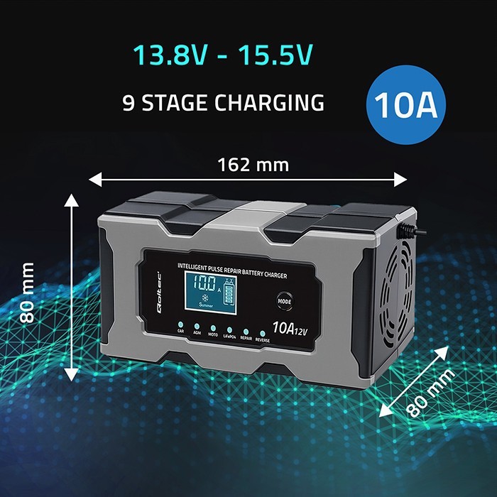 Qoltec Mikroprocesorowa ładowarka 12V 10A | Prostownik z funkcją naprawy do akumulatora AGM GEL LiFePO4 | LCD