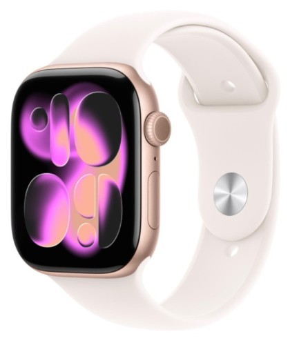 Apple Watch Series 11 GPS, koperta 46 mm z aluminium w kolorze różowego złota, pasek sportowy w kolorze łagodnego różu - rozmiar S/M