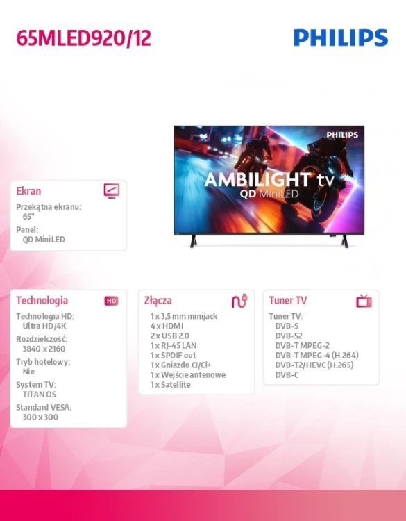 Philips Telewizor QD MiniLED 65 cali 65MLED920/12