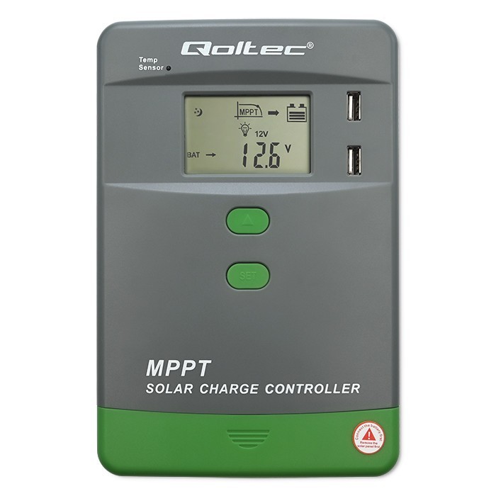 Qoltec Solarny regulator ładowania MPPT z czujnikiem temperatury 40A |  12V/24V | LCD | 2xUSB | Bluetooth | APP | GEL | LiFePO4