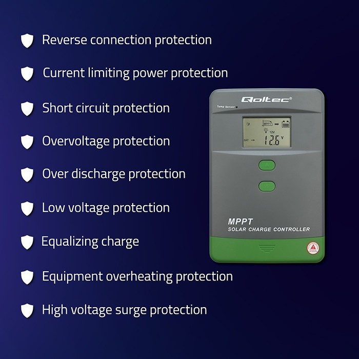 Qoltec Solarny regulator ładowania MPPT z czujnikiem temperatury 50A |  12V/24V | LCD | Bluetooth | APP | GEL | LiFePO4