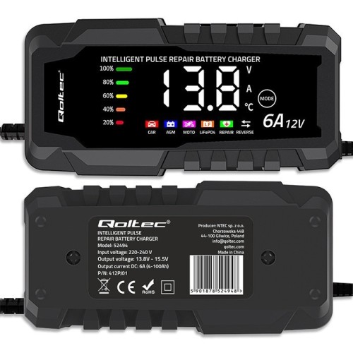 Qoltec Mikroprocesorowa ładowarka 12V 6A | Prostownik z funkcją naprawy do akumulatora AGM GEL LiFePO4 | LCD
