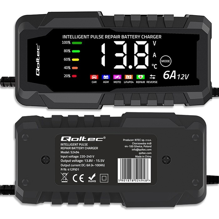 Qoltec Mikroprocesorowa ładowarka 12V 6A | Prostownik z funkcją naprawy do akumulatora AGM GEL LiFePO4 | LCD
