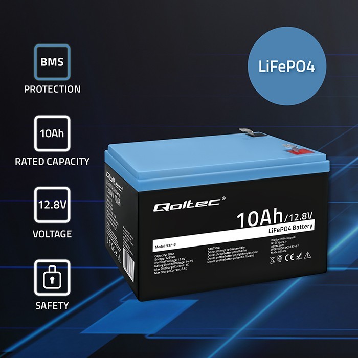 Qoltec Akumulator LiFePO4 litowo-żelazowo-fosforanowy | 12.8V | 10Ah |  128Wh | BMS