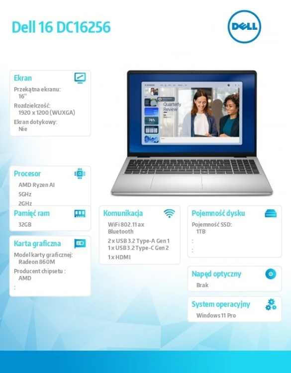 Dell Laptop Dell 16 DC16256 W11P R7-350|32GB|1TB|AMD Radeon|FgrPr|WLAN+BT|16.0 FHD+|Backlit Kb|4C|65W|3YPS Platinum Silver (Metal)