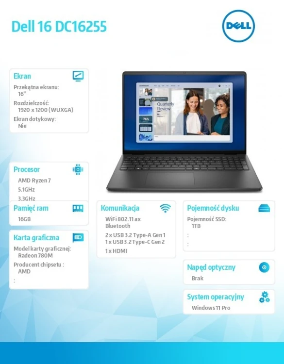 Dell Laptop Dell 16 DC16255 W11P Ryzen 7 250|16GB|1TB|AMD Radeon|FgrPr|WLAN+BT|16.0 FHD+|Backlit Kb|3C|65W|3YPS Carbon Black (Plastic)