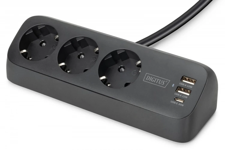 Digitus Listwa zasilająca biurkowa, 3 gniazda Schuko, 2x USB-A (2x 12W), 1x USB-C (30W) z zaciskiem na blat, kabel 1,5m, czarna