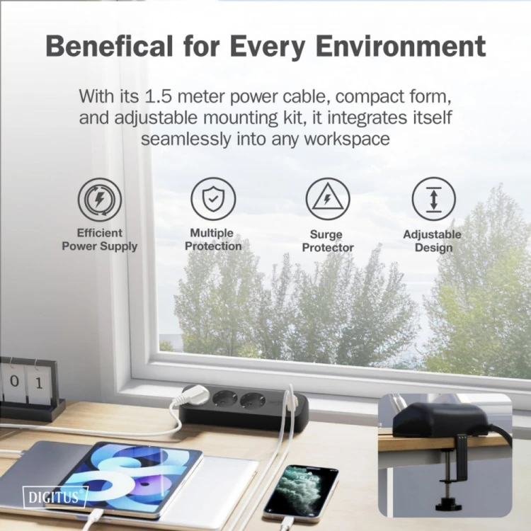 Digitus Listwa zasilająca biurkowa, 3 gniazda Schuko, 2x USB-A (2x 12W), 1x USB-C (30W) z zaciskiem na blat, kabel 1,5m, czarna