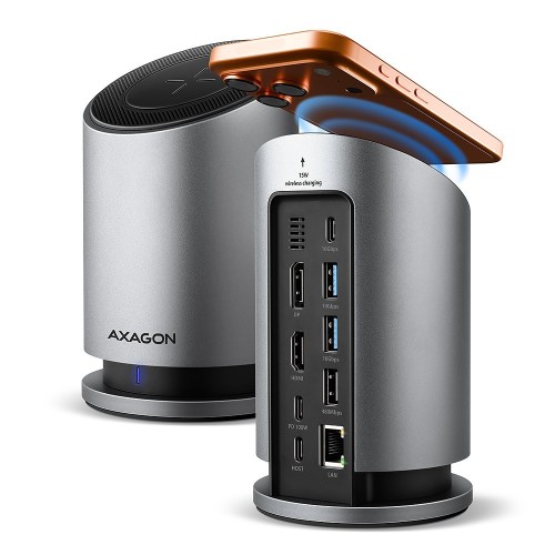 AXAGON HMC-WL9 Wieloportowy hub USB 9in1, 10Gbps, 3xUSB-A, 1xUSB-C, DP 8K/60Hz, HDMI 4K/60Hz, PD 100W, GLAN, 100cm USB-C kabel, wireless charging 15W