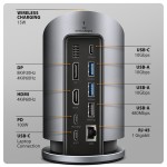 AXAGON HMC-WL9 Wieloportowy hub USB 9in1, 10Gbps, 3xUSB-A, 1xUSB-C, DP 8K/60Hz, HDMI 4K/60Hz, PD 100W, GLAN, 100cm USB-C kabel, wireless charging 15W