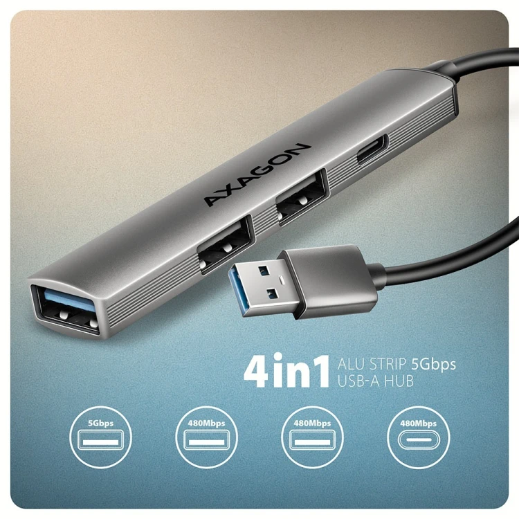 AXAGON HUE-STA HUB 4-portowy 1x USB-A 5Gbps, 2x USB2.0 + 1x USB-C 2.0, 12cm kabel USB-A