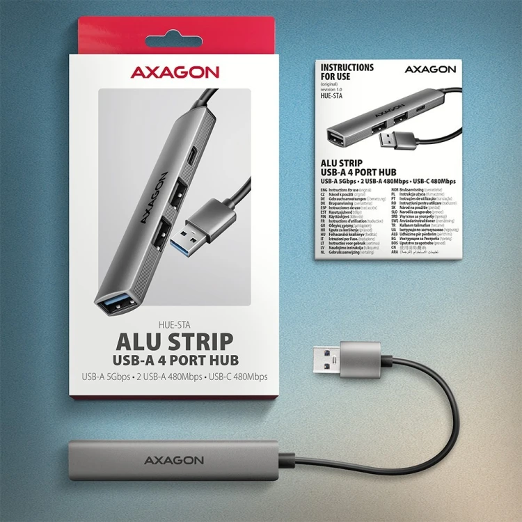 AXAGON HUE-STA HUB 4-portowy 1x USB-A 5Gbps, 2x USB2.0 + 1x USB-C 2.0, 12cm kabel USB-A
