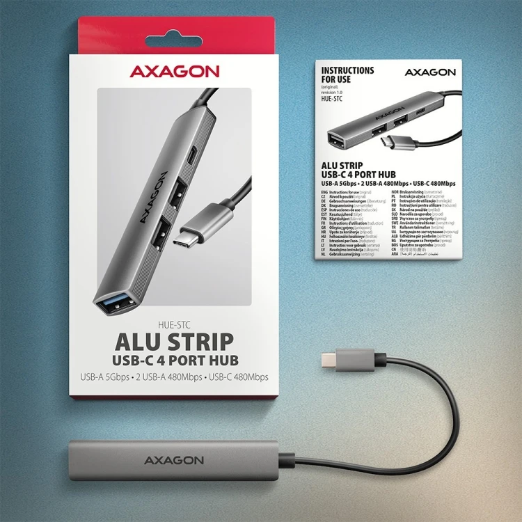 AXAGON HUE-STC HUB 4-portowy  1x USB-A 5Gbps, 2x USB2.0 + 1x USB-C 2.0, 12cm kabel USB-C