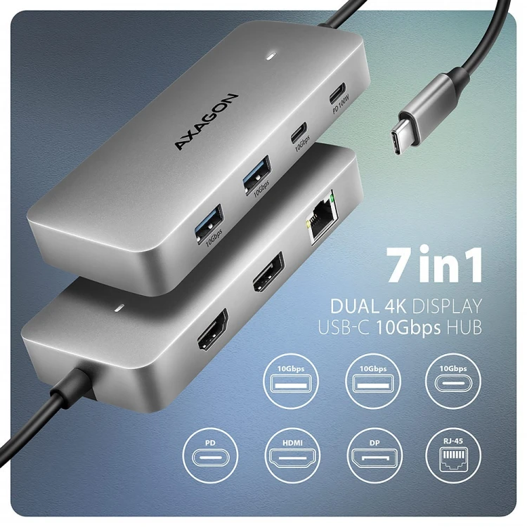 AXAGON HMC-CUB83X2 Wieloportovy hub USB 7in1, 10Gbps, 2x USB-A, 1x USB-C, 1x HDMI 4K/144Hz, DP 8K/30Hz, GLAN, PD 100W, 15cm USB-C kabel