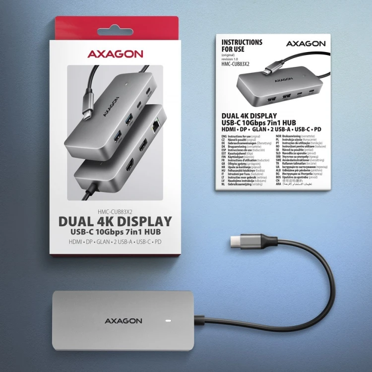 AXAGON HMC-CUB83X2 Wieloportovy hub USB 7in1, 10Gbps, 2x USB-A, 1x USB-C, 1x HDMI 4K/144Hz, DP 8K/30Hz, GLAN, PD 100W, 15cm USB-C kabel