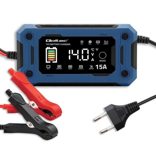 Qoltec Mikroprocesorowa ładowarka 12V 15A | Prostownik z funkcją naprawy i podtrzymania zasilania podczas wymiany akumulatora | do AGM GEL LiFePO4 |