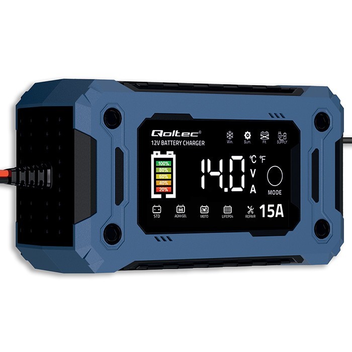 Qoltec Mikroprocesorowa ładowarka 12V 15A | Prostownik z funkcją naprawy i podtrzymania zasilania podczas wymiany akumulatora | do AGM GEL LiFePO4 |