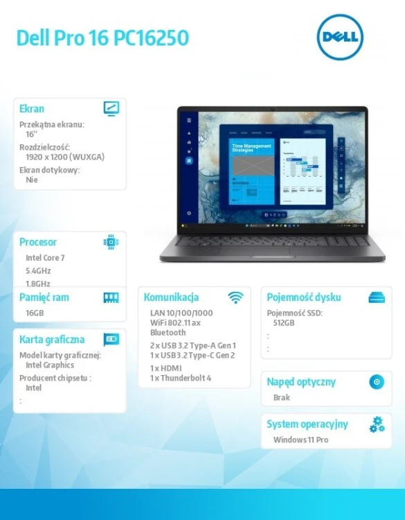 Dell Laptop Dell Pro 16 PC16250 W11P C7 150U/16GB/512GB CL25/FgrPr/FHD IR Cam&Mic/WLAN+BT/16.0 FHD+/BcklKb/3C/3YPS Magnetite color, textured finish
