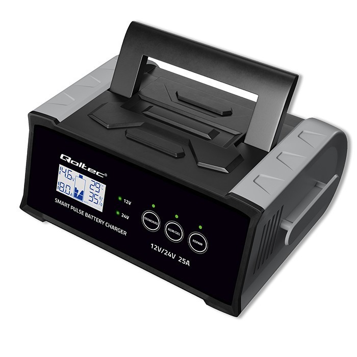 Qoltec Mikroprocesorowa ładowarka 12V 24V 25A | Prostownik z funkcją naprawy do akumulatora AGM GEL SLA | LCD