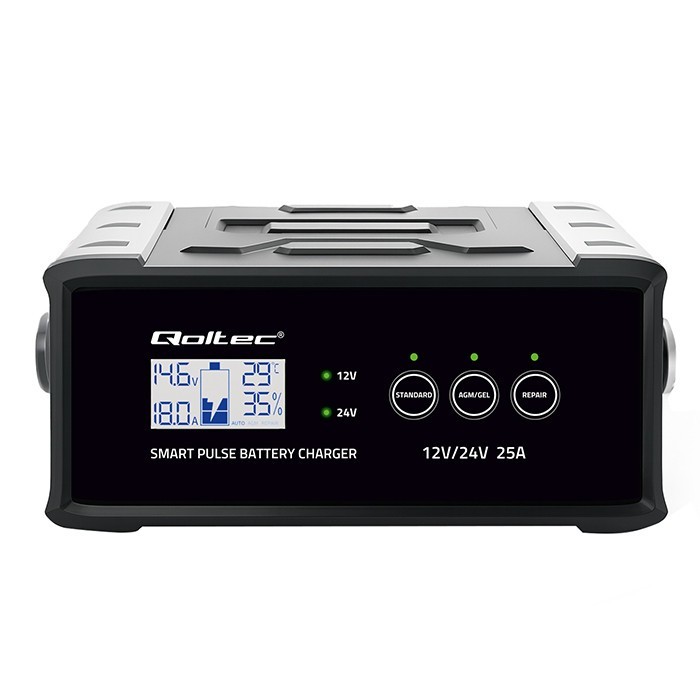 Qoltec Mikroprocesorowa ładowarka 12V 24V 25A | Prostownik z funkcją naprawy do akumulatora AGM GEL SLA | LCD