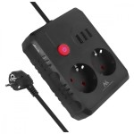 Maclean Listwa zasilająca MCE387 B 2 gniazda 3xUSB, 110-240V AC 50/60Hz 2,1A max 2500W, 1,5m czarna