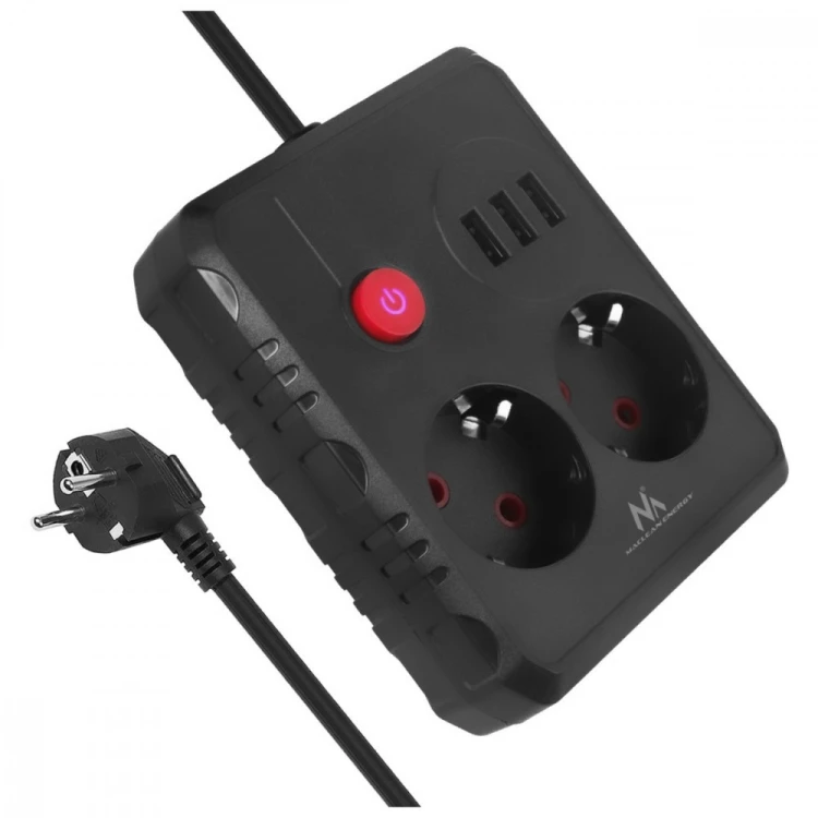 Maclean Listwa zasilająca MCE387 B 2 gniazda 3xUSB, 110-240V AC 50/60Hz 2,1A max 2500W, 1,5m czarna