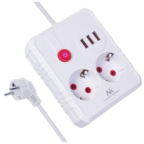 Maclean Listwa zasilająca 2 gniazda MCE387 W 3xUSB, 110-240V AC 50/60Hz, 2.1A max 2500W, 1.5m, biała
