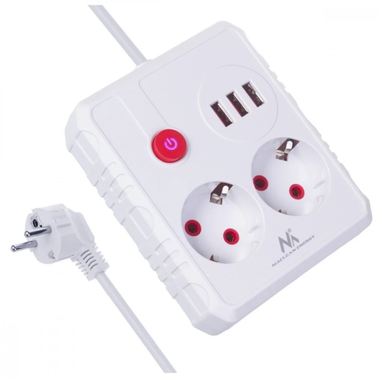 Maclean Listwa zasilająca 2 gniazda MCE387 W 3xUSB, 110-240V AC 50/60Hz, 2.1A max 2500W, 1.5m, biała
