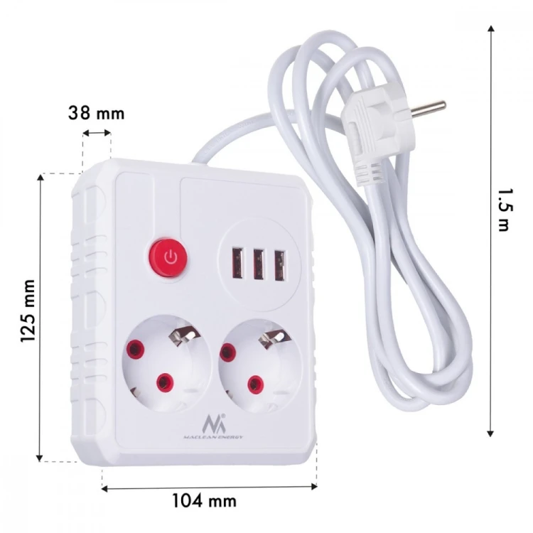 Maclean Listwa zasilająca 2 gniazda MCE387 W 3xUSB, 110-240V AC 50/60Hz, 2.1A max 2500W, 1.5m, biała